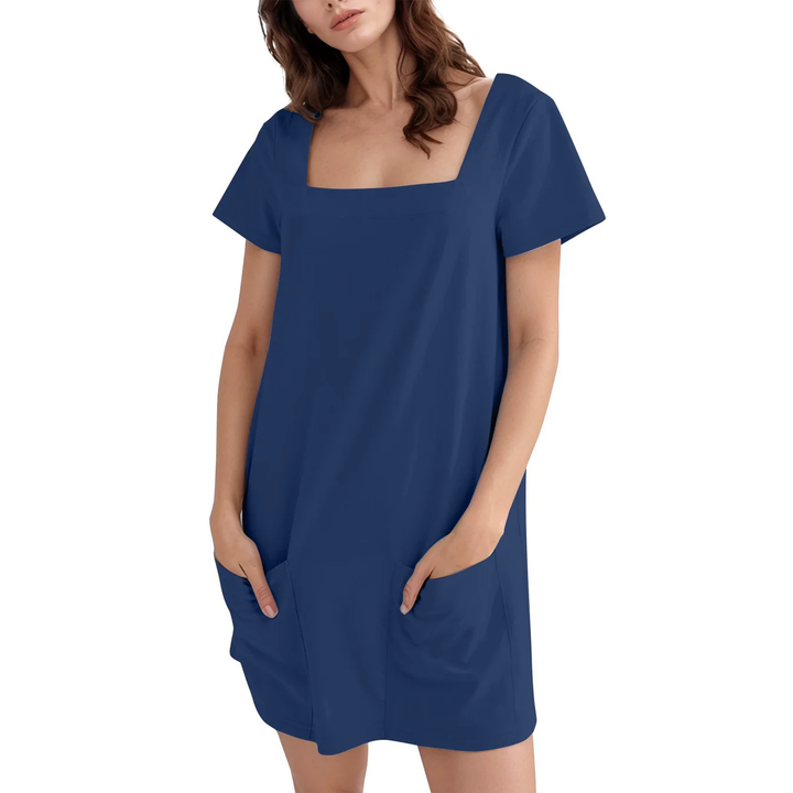 Casual Square Neck Short Sleeve Dress with Pockets
