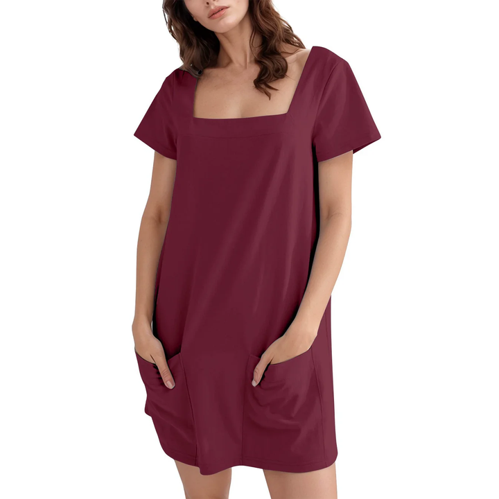 Casual Square Neck Short Sleeve Dress with Pockets